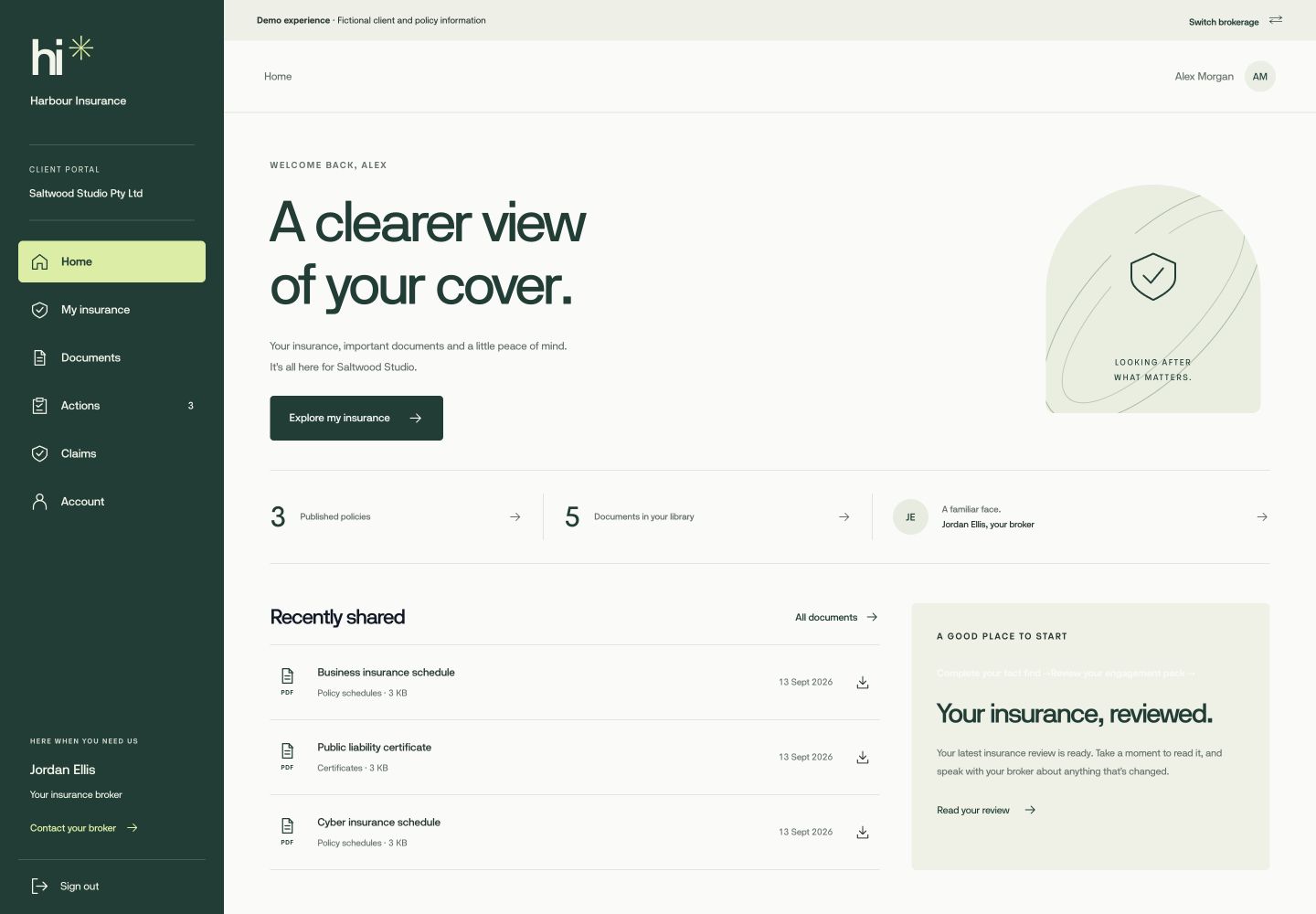 Harbour Insurance client portal home screen