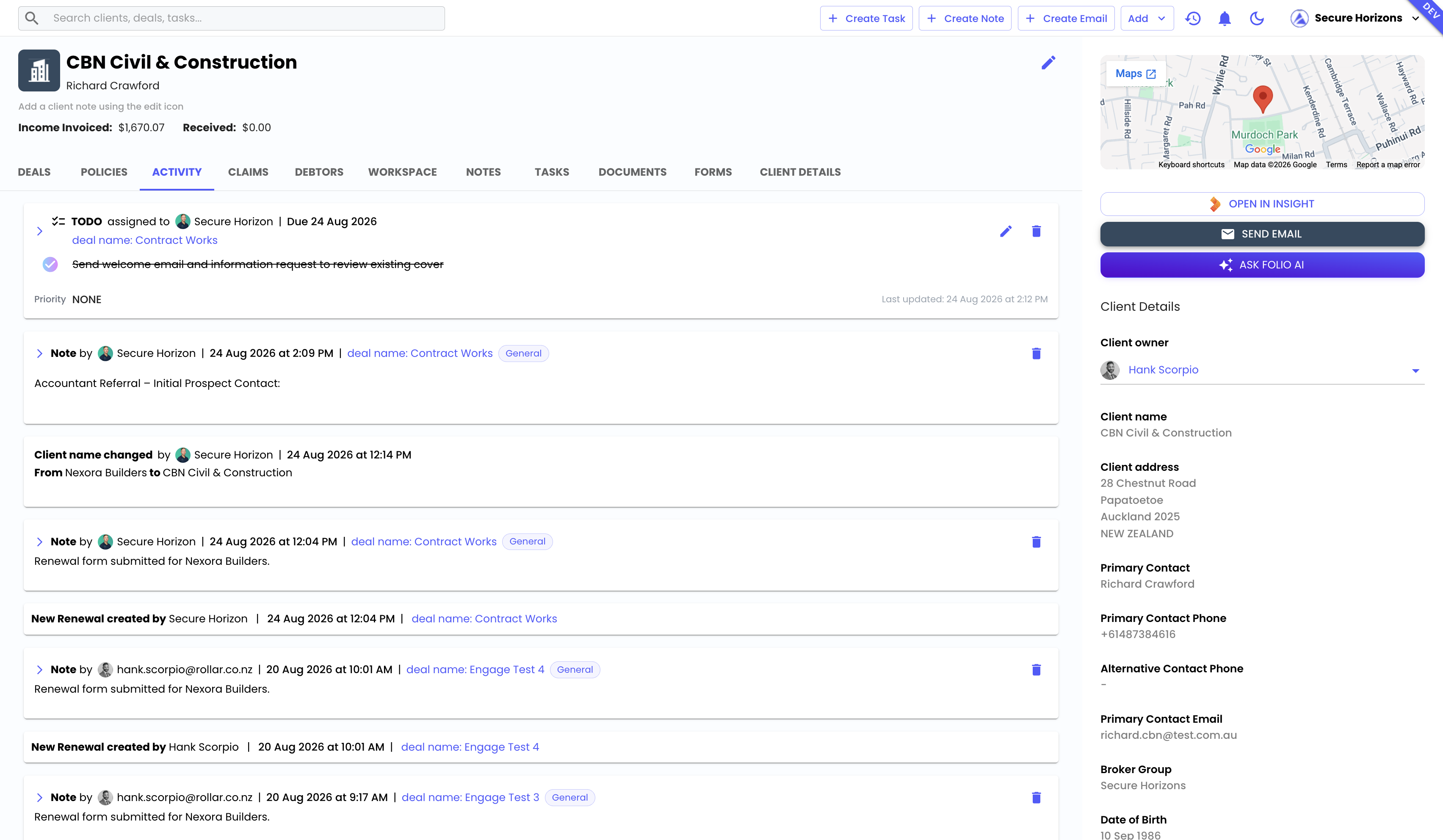 Client Management view in the Folio demonstration workspace